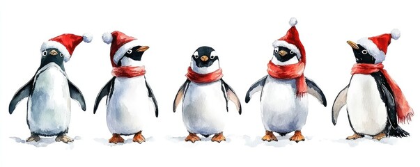 Obraz premium Whimsical Watercolor Penguins in Christmas Attire