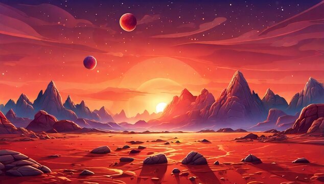 Alien planet landscape, dusk or dawn desert surface with mountains, rocks and sun shining on red and orange starry sky. Space extraterrestrial computer game background, cartoon vector illustration
