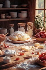 Delightful Culinary Scene: A Rustic Kitchen with Fresh Ingredients and Baking Essentials
