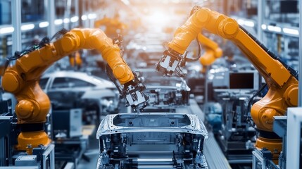 Automated robotic arms assembling car parts in an industrial facility during daytime with sunny overhead lighting