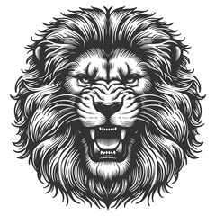 Fierce Lion Head Roaring tattoo growling sketch engraving generative ai vector illustration. Scratch board imitation. Black and white image.