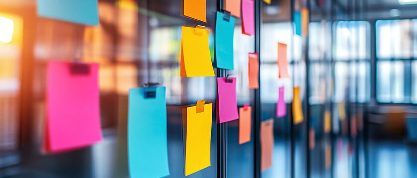 Colorful sticky notes on a glass wall during a brainstorming session, ideal for office creativity visuals