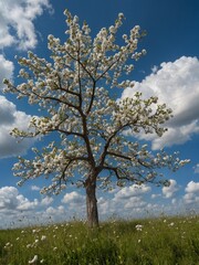 Naklejka premium Blooming cherry tree in field with blue sky and fluffy white clouds in background