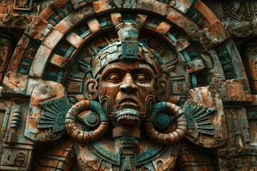 Fototapeta premium Intricate stone carving of a mayan deity wearing a headdress, showcasing the craftsmanship of an ancient civilization