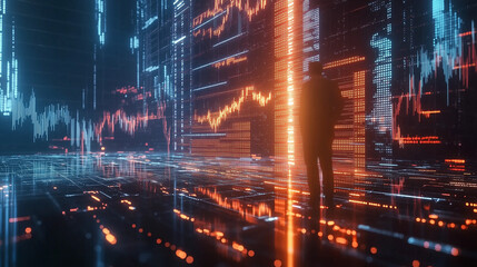 Fototapeta premium Digital Network of Interconnected Stock Markets and Futures Traders Visualized with Glowing Lines, Symbolizing Global Financial Connectivity and Real-Time Trading in a Futuristic Environment