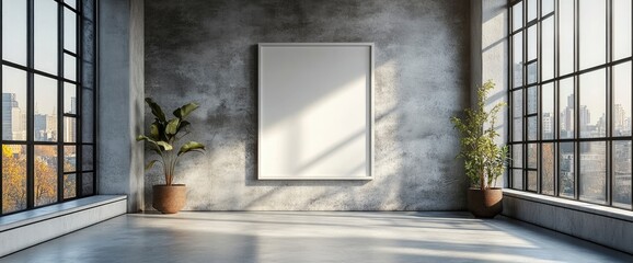 Fototapeta premium Empty Picture Frame in Minimalist Loft Apartment with City Views