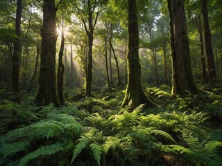 Obraz premium Lush, verdant forest with tall, ancient trees covered in moss and ferns. Sunlight filters through canopy, creating serene and magical atmosphere. Ground carpeted with thick, green undergrowth, giving