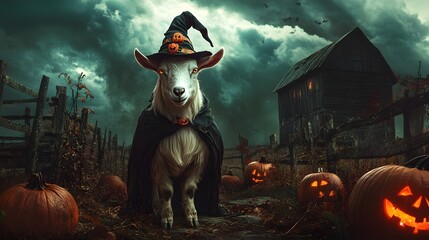 A goat wearing a witch hat and cape in an old, haunted barnyard with broken fences, glowing pumpkins, and ghostly shadows drifting between the eerie farm structures under a cloudy, moonlit sky 