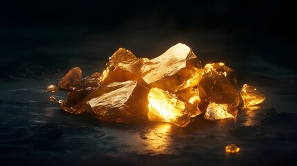 A pile of rough, unrefined gold nuggets glowing softly against a dark surface, their natural texture highlighted by contrasting shadows and light 