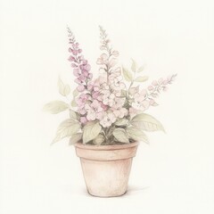 Naklejka premium A delicate illustration of a flowering plant in a terracotta pot.