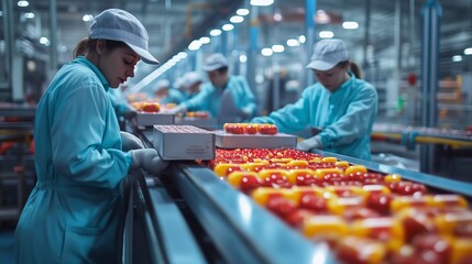 Workers inspect and package fresh tomatoes in a modern food processing facility during daytime operations
