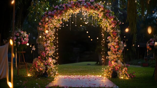 A wedding arch decorated with flowers and lights, designed to double as a fun photo booth backdrop, with props and a camera setup nearby to encourage guest interaction and capture memories 