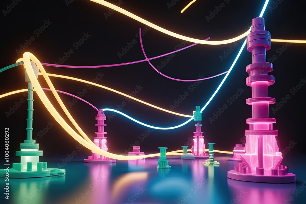 Poster polychromatic 3d scene with glowing constructs and twisting radiant lines on a dark background