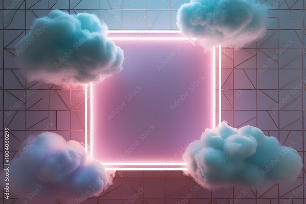 Poster futuristic 3d visualization of ethereal pastel clouds surrounding a rectangular neon frame with slee