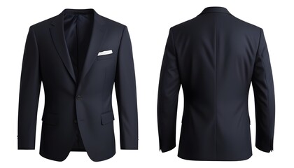 A navy blue suit jacket with a peak lapel and single-breasted closure