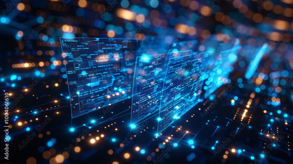 Aufkleber an icon of three digital documents, each glowing with blue light and surrounded by small white squar