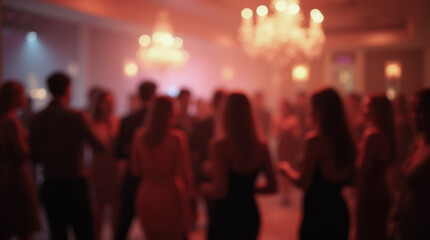Blurred image with bright lights and silhouettes of people at a party. The image conveys the atmosphere of nightlife