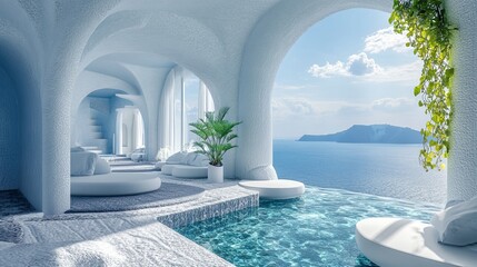 3D model of a luxurious beachfront property with a view that is designed in the Santorini island style
