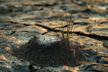 Sprout growing in cracked, dry soil, symbolizing resilience.