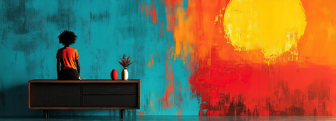 A person sits on a stylish wooden table in front of a vibrant sunset mural in a modern, colorful lounge space