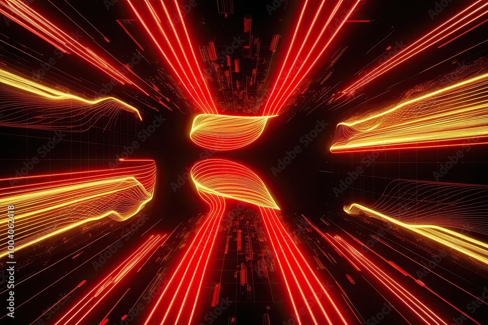 Poster three-dimensional pulsating swirling red yellow neon graphs on dark interface - dazzling ultraviolet