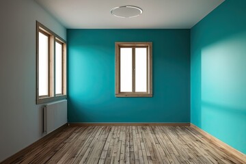 Fototapeta premium Blue Turquoise Wall with Wooden Floor and Window Glare - Interior Background for Presentations