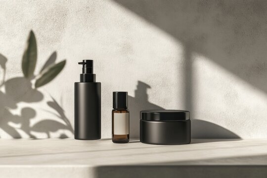 Sleek design mockup of men's skincare products on a minimalist shelf in natural light