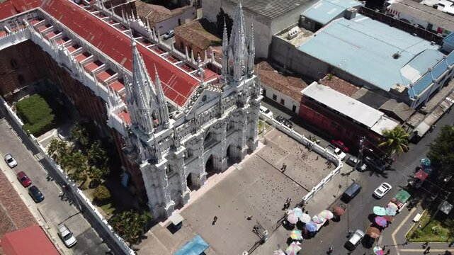 Drone footage of Santa Ana Cathedral in El Salvador, showcasing its impressive Gothic architecture. Captured in March 2022.