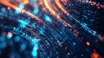 Obraz premium Abstract digital wave of glowing particles in blue and orange hues.