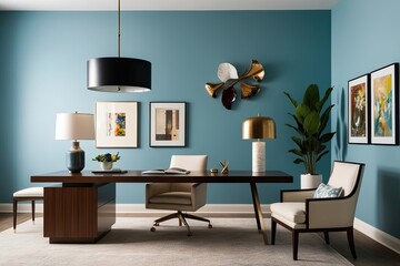 Modern Interior Workspace with Refined Furniture and Inspiring Accessories on a Gentle Blue Backdrop