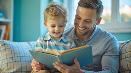 Obraz premium Preschool age boy laugh happily while sitting with his dad reading a story book at sofa, 