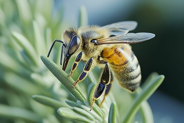 Naklejka premium Close-up of a bee resting on a lavender plant in bright sunlight