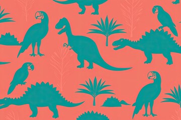 Playful Coral and Mint Dinosaur and Parrot Silhouette Pattern for Whimsical Jungle Decor