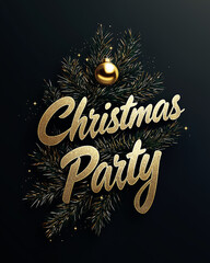 Glamorous "Christmas Party" invitation card featuring gold typography and shiny ornament nestled in festive pine branches, set against dark background