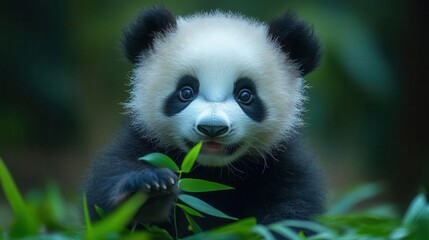 Fototapeta premium adorable baby panda interacting playfully with a sprig of leafy plants set against a simple background highlighting the cuteness and charm of the young creature