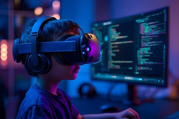 Child using virtual reality headset while programming at home