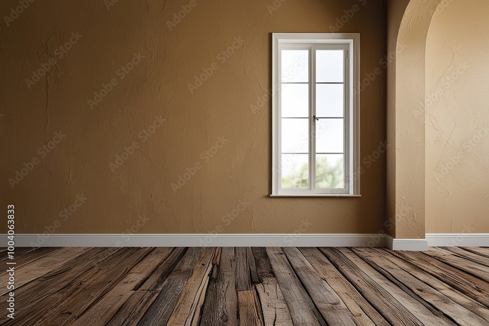Poster warm beige wall and rustic wooden floor with soft light from window for inviting background design