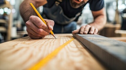 Obraz premium Detailed shot of a carpenter measuring wood, marking precise lines with a pencil and ruler before making cuts for a furniture project.