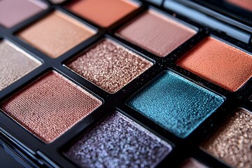 Close-up view of a vibrant eyeshadow palette on a dark surface