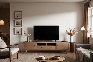 Scandinavian-style TV Unit in a Cozy Living Room with Minimalist Furniture and Warm Atmosphere
