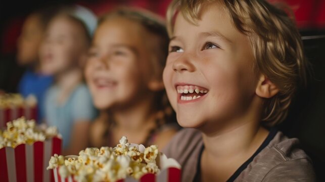 Children of various ages sitting in rows of movie theater seats, attentively watching a film on the big screen. - Powered by Adobe