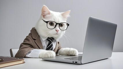 Secretary Cat - A white cat wearing a white shirt and coffee suit, operating a laptop in the office