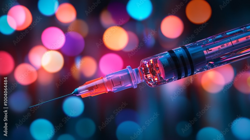 Poster a syringe with a red and blue needle is shown in a colorful background