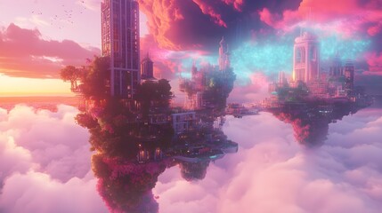 Obraz premium An otherworldly urban environment suspended above the ground on a colorful, swirling cloud, featuring unique architecture that appears to defy gravity, encapsulating the essence of innovative 