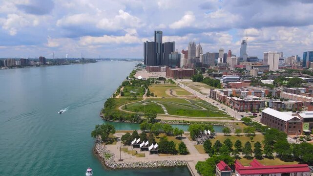 Riverwalk park north of downtown Detroit, Michigan, on the Detroit River in aerial view