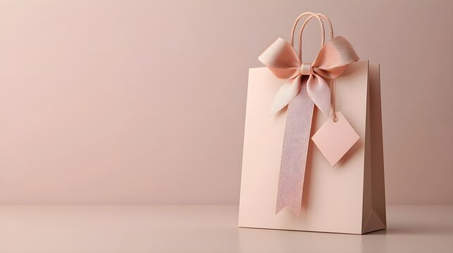 A 3D illustration of a personalized gift bag featuring a custom name tag attached to a festive ribbon, with the bag set against a simple background, highlighting the elegant details 