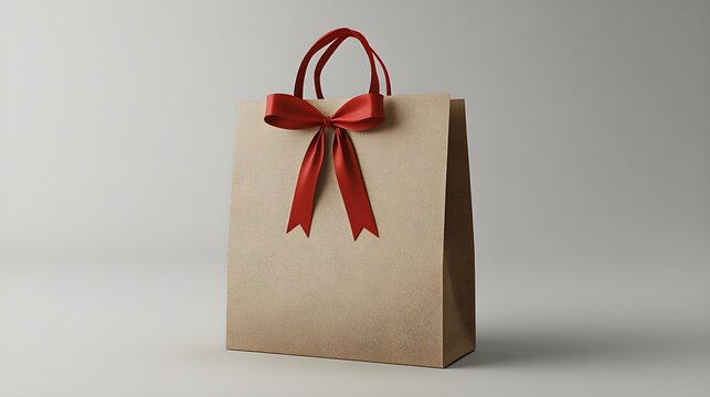 A 3D illustration of a personalized gift bag featuring a custom name tag attached to a festive ribbon, with the bag set against a simple background, highlighting the elegant details 