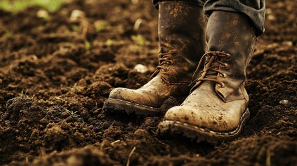 A close-up of muddy work boots standing on rich soil, indicating agricultural activity.