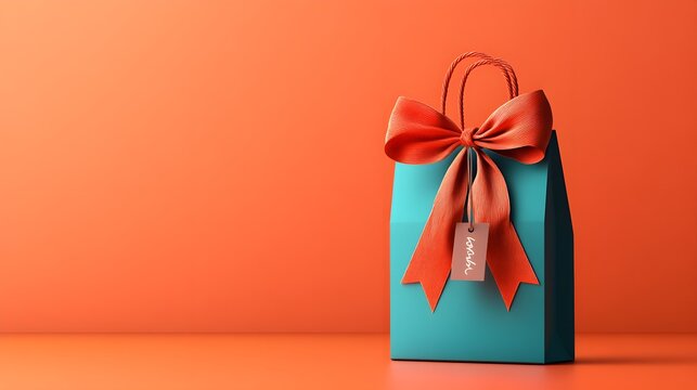 A festive 3D illustration of a custom gift bag with a bright ribbon tied at the top and a personalized name tag hanging from it, emphasizing the uniqueness of the gift 