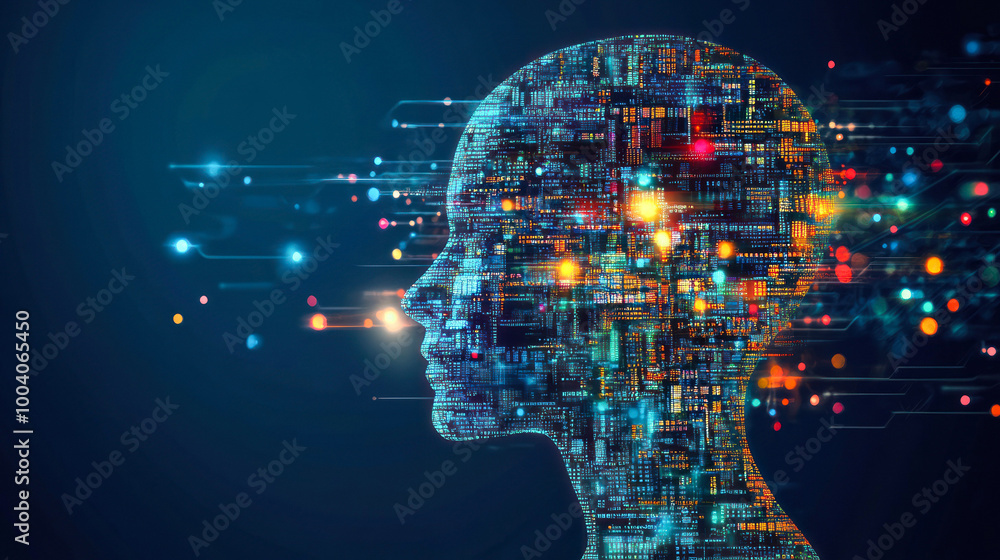 Poster digital silhouette with colorful circuit patterns